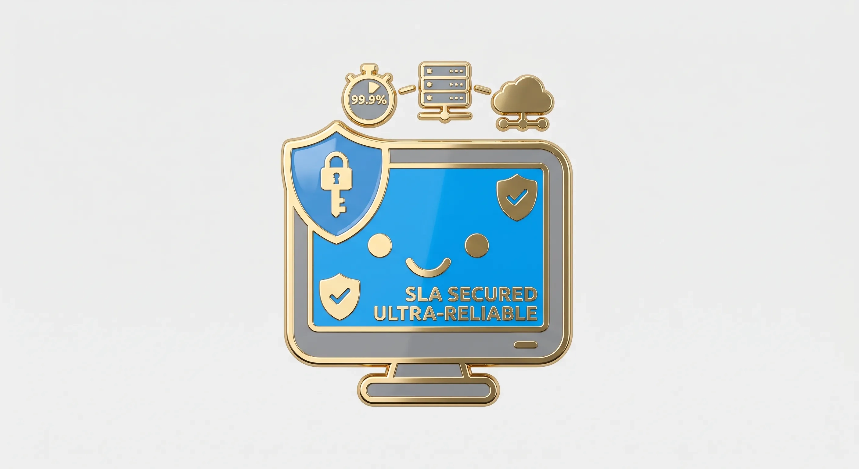 電腦螢幕顯示 SLA Secured Ultra-Reliable 字樣，搭配 99.9% 碼表、伺服器機櫃與雲端圖示，象徵捐款系統的高可用性防護