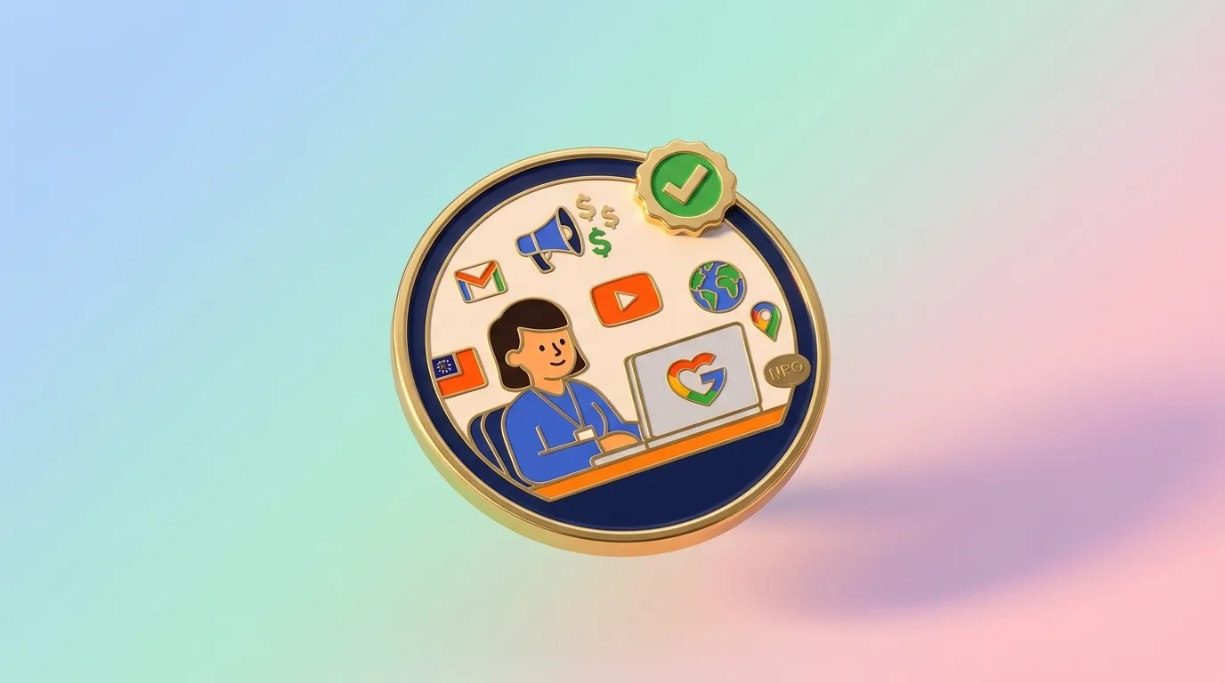 圓形紀念幣琺瑯別針封面圖，描繪 NPO 人員在筆電前申請 Google 非營利版的場景，周圍環繞 Gmail 信封、Ad Grants 擴音器、YouTube 播放鍵與地球儀等免費工具圖示，右上角有綠色驗證勾選徽章