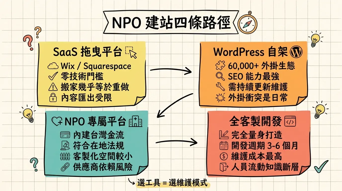 NPO 建站四條路徑資訊圖表：SaaS 拖曳平台（零技術門檻但搬家等於重做）、WordPress 自架（60,000+ 外掛生態但需持續維護）、NPO 專屬平台（內建台灣金流但客製化空間小）、全客製開發（完全量身打造但維護成本最高），底部標語『選工具 = 選維護模式』