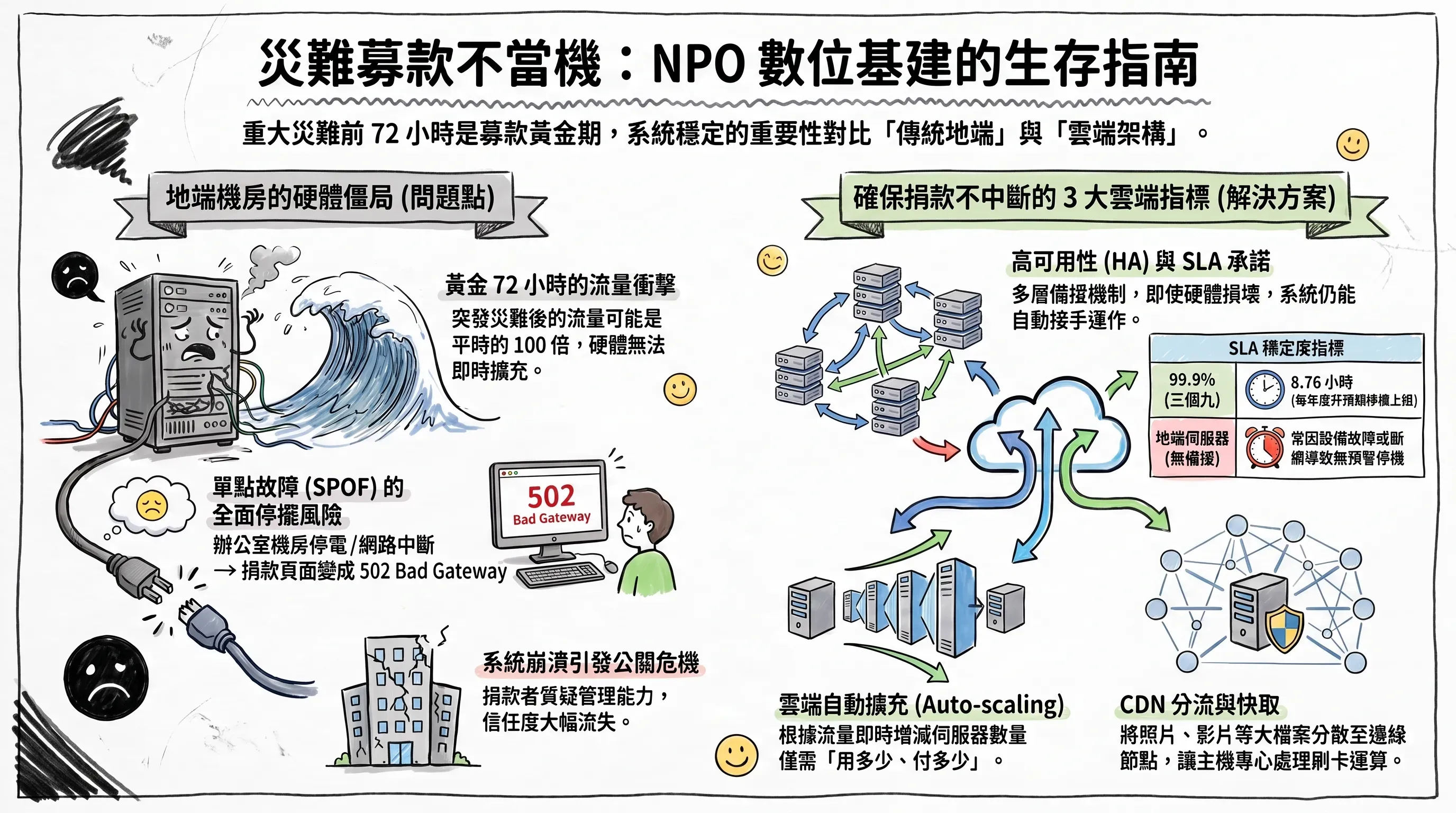 資訊圖表對比地端機房的硬體僵局問題（SPOF 單點故障、502 Bad Gateway、公關危機）與雲端架構的 3 大防護指標（高可用性 HA 與 SLA 99.9%、Auto-scaling 自動擴充、CDN 分流與快取）