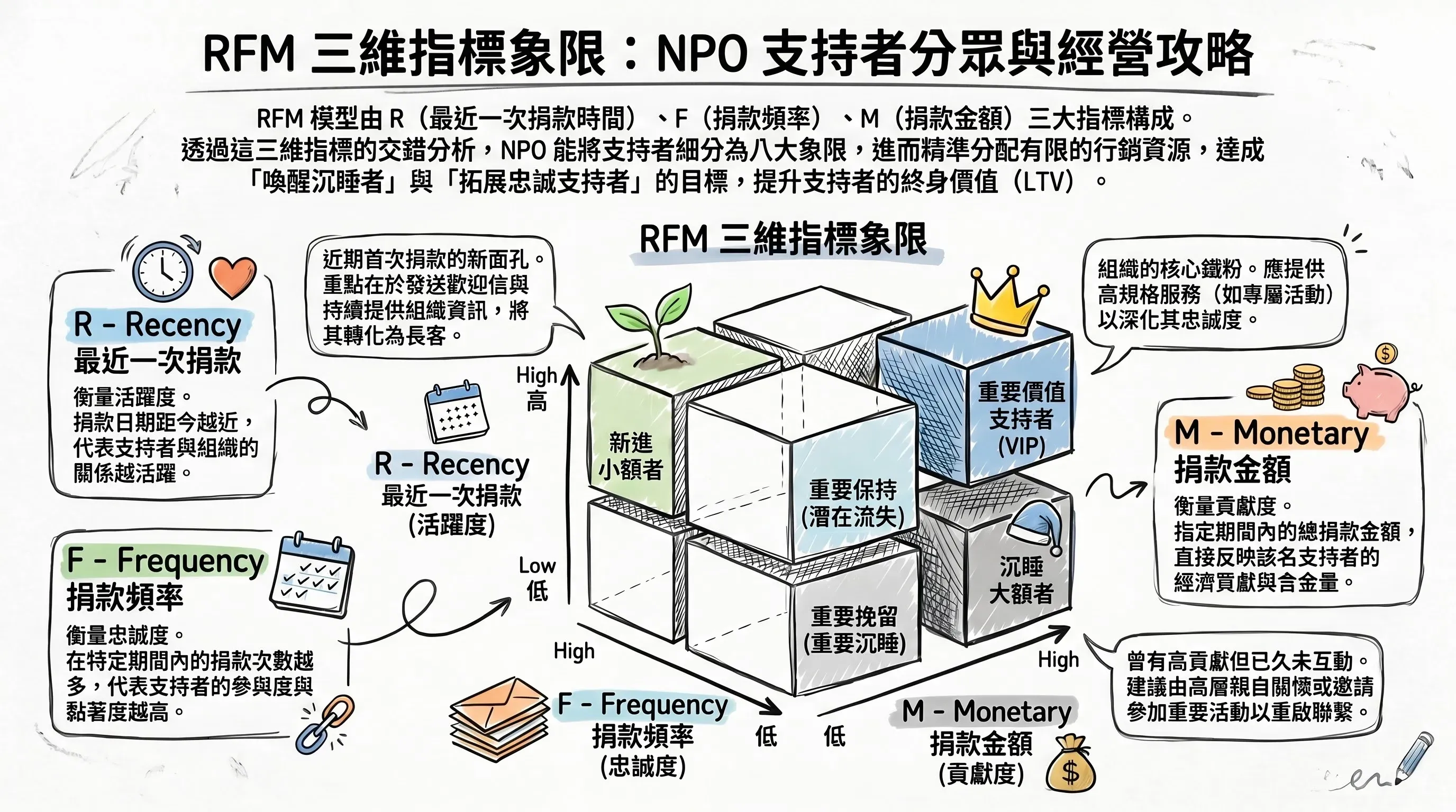 RFM 三維指標象限圖，協助 NPO 視覺化支持者分眾與經營優先順序