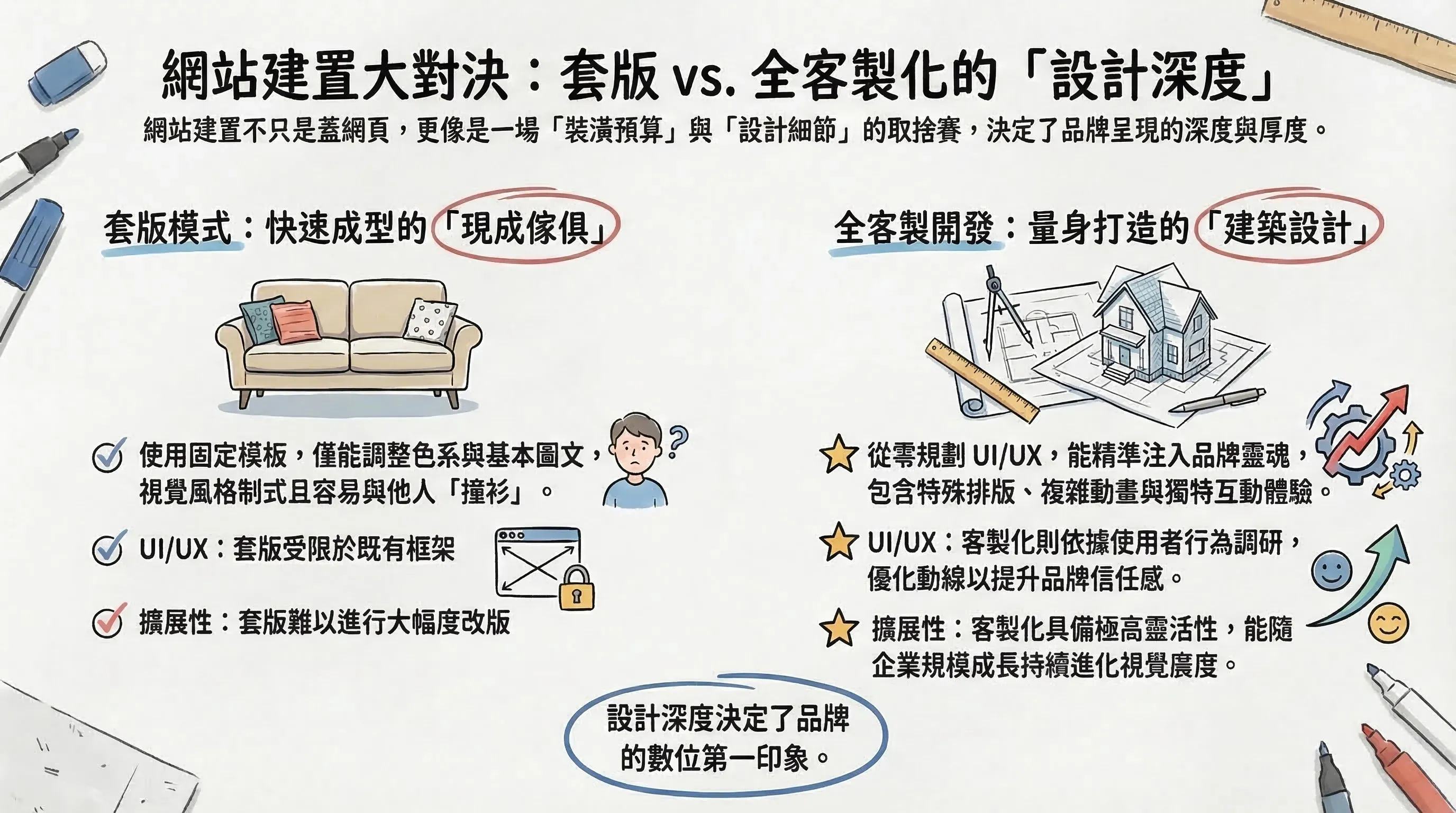 網站建置模式對比圖：套版與全客製化開發在設計深度與系統穩定性上的差異